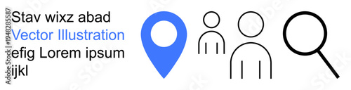 Navigation, user search, community, exploration, target audience, online maps. Minimalist icons of a blue location pin, two people and a magnifying glass. Navigation and user search