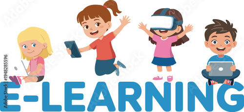 Kids learning with laptop stickman style illustration showing children using technology device cyberspace education fun vector clipart