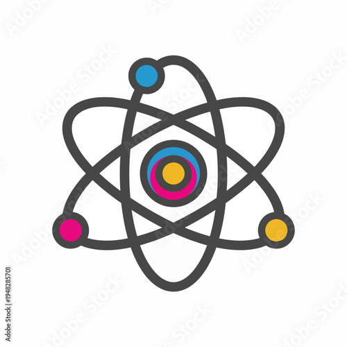 A modern depiction of an atom with colorful orbits and a central nucleus, representing the core aspects of physics and the fundamental building blocks of matter.
