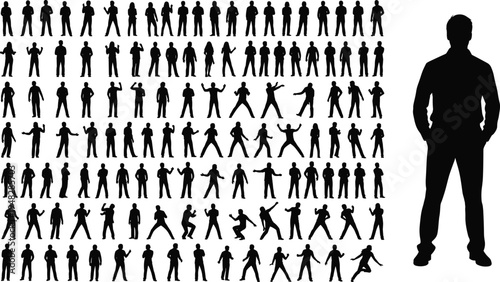 Human silhouette poses collection, standing, walking, dancing, pointing, gesturing, body language, vector illustration, people activity, lifestyle, communication, design element