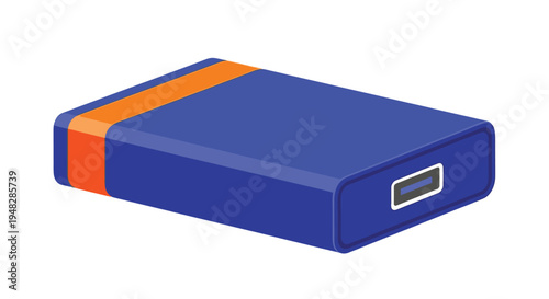 A blue portable power bank with an orange stripe on a white background