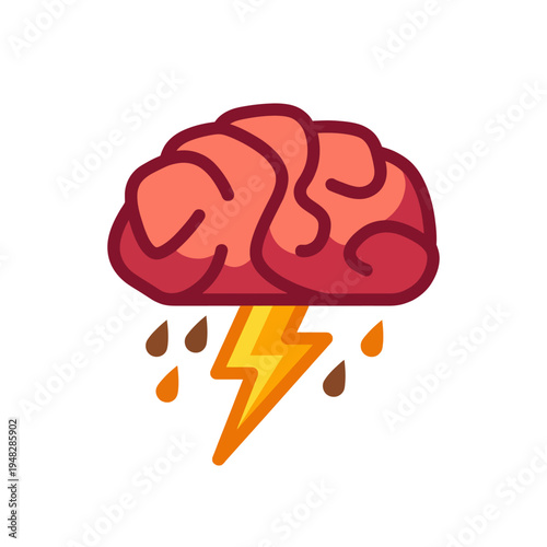 This creative illustration features a brain combined with a lightning bolt, representing mental power and energy, indicating a spark of insight or an overwhelming thought process.