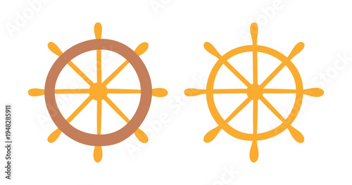 Ship wheel illustration isolated set. Part of ship, boat, yacht submarine, airship. Kids nautical print, design element, clip art collection. Hand drawn flat vector on white background