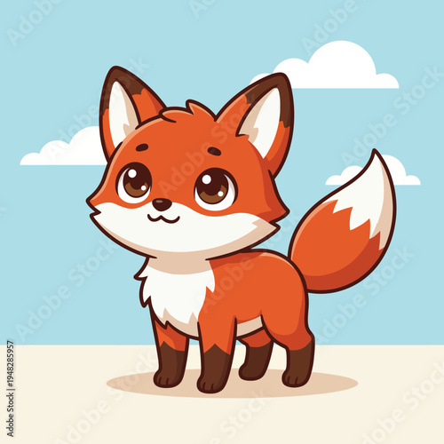 A delightful and adorable cartoon fox stands cheerfully against a light blue background, showcasing cuteness and charm, making it perfect for children's illustrations.