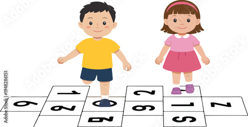 Little kids playing hopscotch with friends outdoor playground game cheerful childhood activity colorful vector illustration clip art