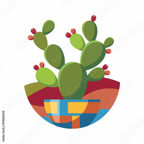 This modern illustration features a stylized cactus in a vibrant pot, combining artistic flair and natural beauty, symbolizing resilience and the allure of desert plants in art.