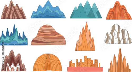 Stylized mountain and rock formation icon set featuring desert canyon cliffs and natural landscape elements in clean vector illustration style