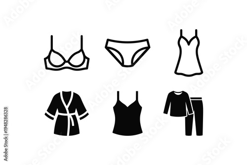 Womens lingerie and sleepwear black vector icon set - Female underwear and pajamas flat illustration collection