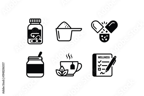 Black and White Wellness and Medicine Icons Set - Medical Supplement and Herbal Tea Outline Icon Collection