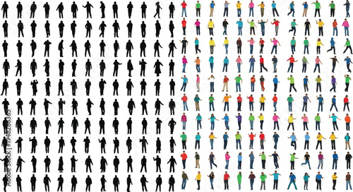 Human silhouettes transforming into colorful diverse figures, individuality, inclusion, diversity, identity, people poses, clothing styles, population visualization