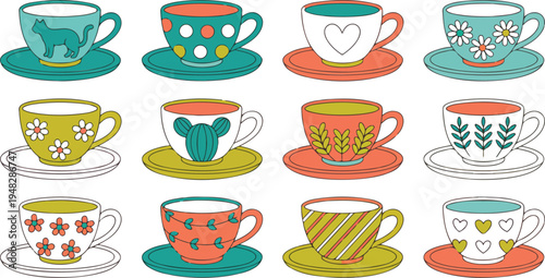 Colorful decorative teacup collection illustration with cute patterns and saucers, ideal for kitchen decor, cafe branding, and cozy artwork