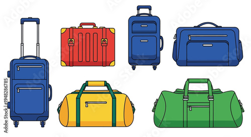 A collection of colorful luggage and travel bags on a white background