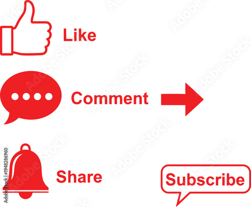 Colorful icons representing social media engagement actions like, comment, share, and subscribe Vector