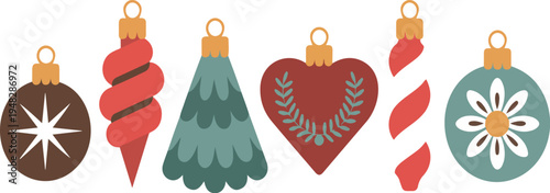 Set of flat vector illustrations of vintage Christmas ornaments featuring festive holiday baubles in retro style with unique shapes and patterns