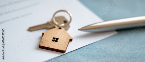 The house key and wooden keychain on a real estate contract with pen