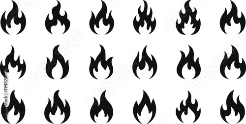 Large set of black fire flame vector icons featuring various heat symbols and bonfire silhouettes for industrial safety and energy.