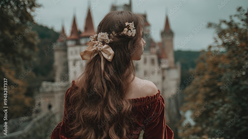 Naklejka premium Romantic portrait of a woman with castle backdrop, fantasy fairytale, historical setting with a vintage aesthetic
