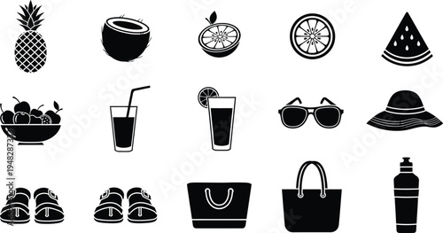 Silhouette of summer vacation objects isolated on transparent background