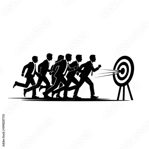 Silhouetted Businessmen Running Towards a Target, Illustrating Goal Achievement.