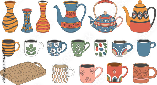 Set of handmade ceramic mugs, vases, teapots, and wooden tray in hand-painted style, perfect for craft, kitchen, and home decor vector illustration