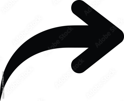 A bold curved arrow pointing to the right with a filled arrowhead Vector