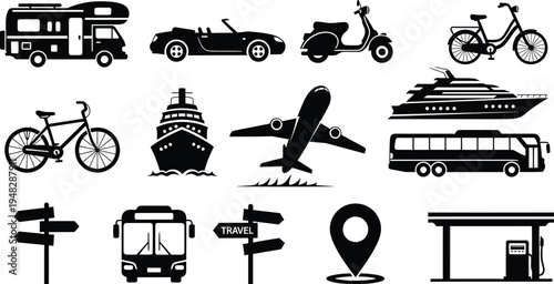 Silhouette of various transportation vehicles isolated on transparent background