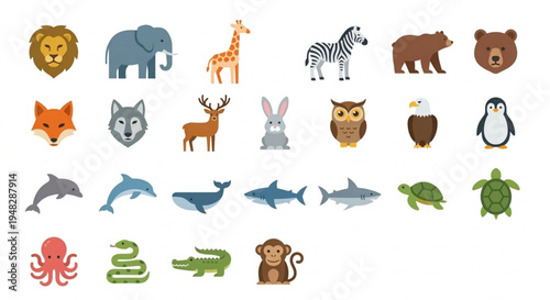 A diverse collection of illustrated animals, each depicted with distinct characteristics and charm. A perfect graphic resource for education and design