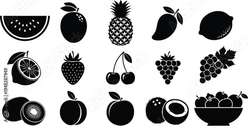 Silhouette of various fruits isolated on transparent background