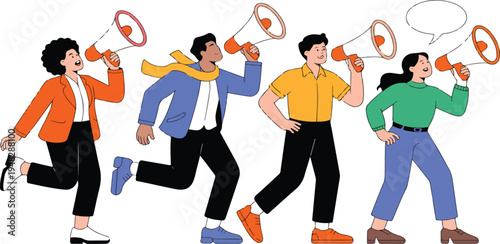 Flat vector illustration set of diverse people with megaphones and speech bubbles promoting messages for advertising, marketing, and communication concepts