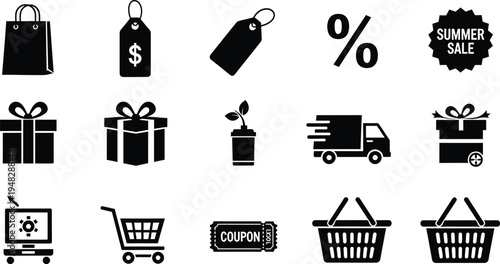 Black silhouette e commerce icons isolated on transparent background