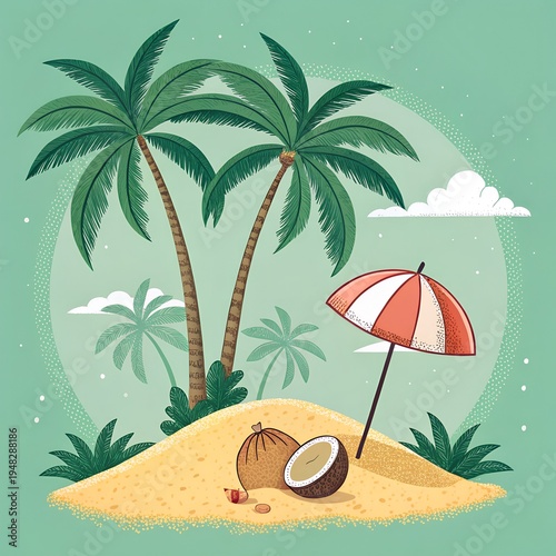 Tropical Island Beach with Palm Trees, Coconut and Umbrella ,Summer Vacation Vector Illustration on the green background.