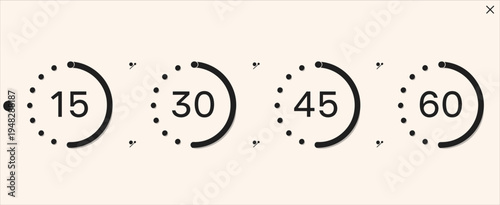 Timer Countdown Icon Set – 15 30 45 60 Seconds Clock, Time Counter, Stopwatch, Loading Progress Line Icons