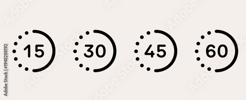 Timer Countdown Icon Set – 15 30 45 60 Seconds Clock, Time Counter, Stopwatch, Loading Progress Line Icons
