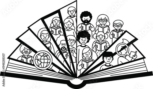 Diverse people emerging from open book