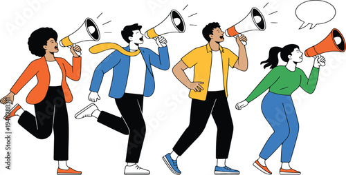 Flat vector illustration set of diverse people with megaphones and speech bubbles promoting messages for advertising, marketing, and communication concepts