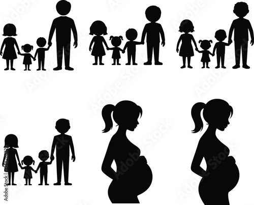 Silhouettes of a diverse family and pregnant women standing together Vector

