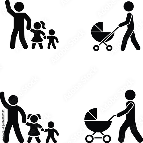 Family icons showing parents with children and strollers in various poses Vector

