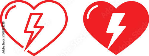 Contrast between broken and intact hearts with lightning symbols. Vector