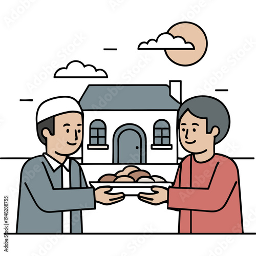 Man in cap offers food to woman outside house under moonlight