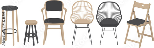 Set of modern Scandinavian boho style furniture including sofa, chairs, and coffee table for outdoor and indoor living spaces vector illustration