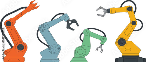 Set of colored outline drawings of modern automation technology featuring robotic arms and artificial intelligence support for industrial applications vector illustration