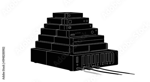 Stack of Black Electronic Devices on White Background.