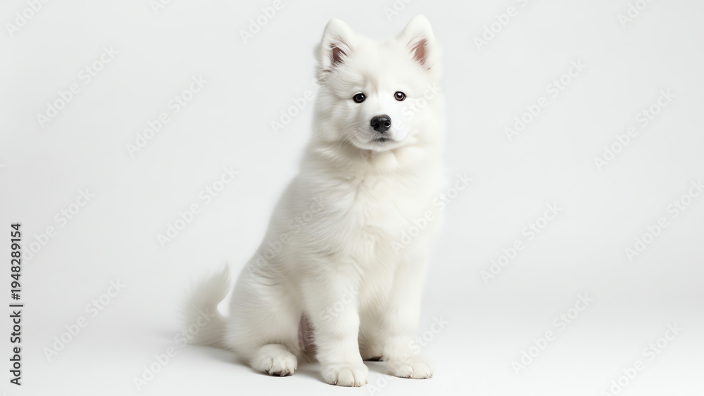 Fototapeta premium Puppy Adorable White Samoyed Dog with Fluffy Fur Sitting Calmly on a Clean Studio Background Looking Directly at Camera