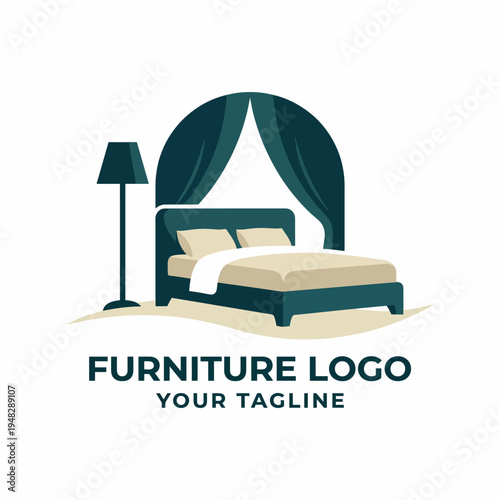 A modern logo design featuring a cozy bed, elegant drapes, and a stylish lamp, perfect for a furniture store or interior design business that prioritizes comfort.
