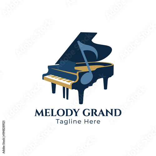 A luxurious grand piano is depicted with a musical note above it, perfect for music-related businesses, brands, or events focusing on elegance and harmony.