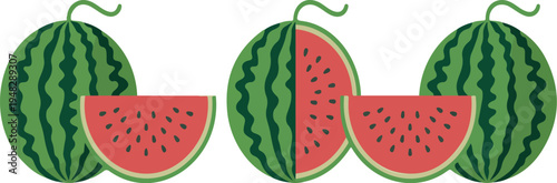 Set of fresh watermelon illustrations featuring whole, cut, half, and sliced fruit with red flesh and black seeds, summer food vector
