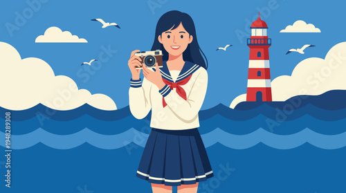 A cheerful illustration of a young girl holding a camera, capturing moments by the seaside with a lighthouse in the background, embodying the spirit of adventure and creativity.