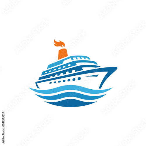 A sleek and vibrant logo illustration of a cruise ship sailing on waves, representing luxury travel and adventure at sea, ideal for travel companies or maritime branding.