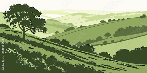 a serene landscape with a tree on a hillside Vector