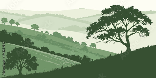 a tree on a hill overlooking rolling hills and fields Vector